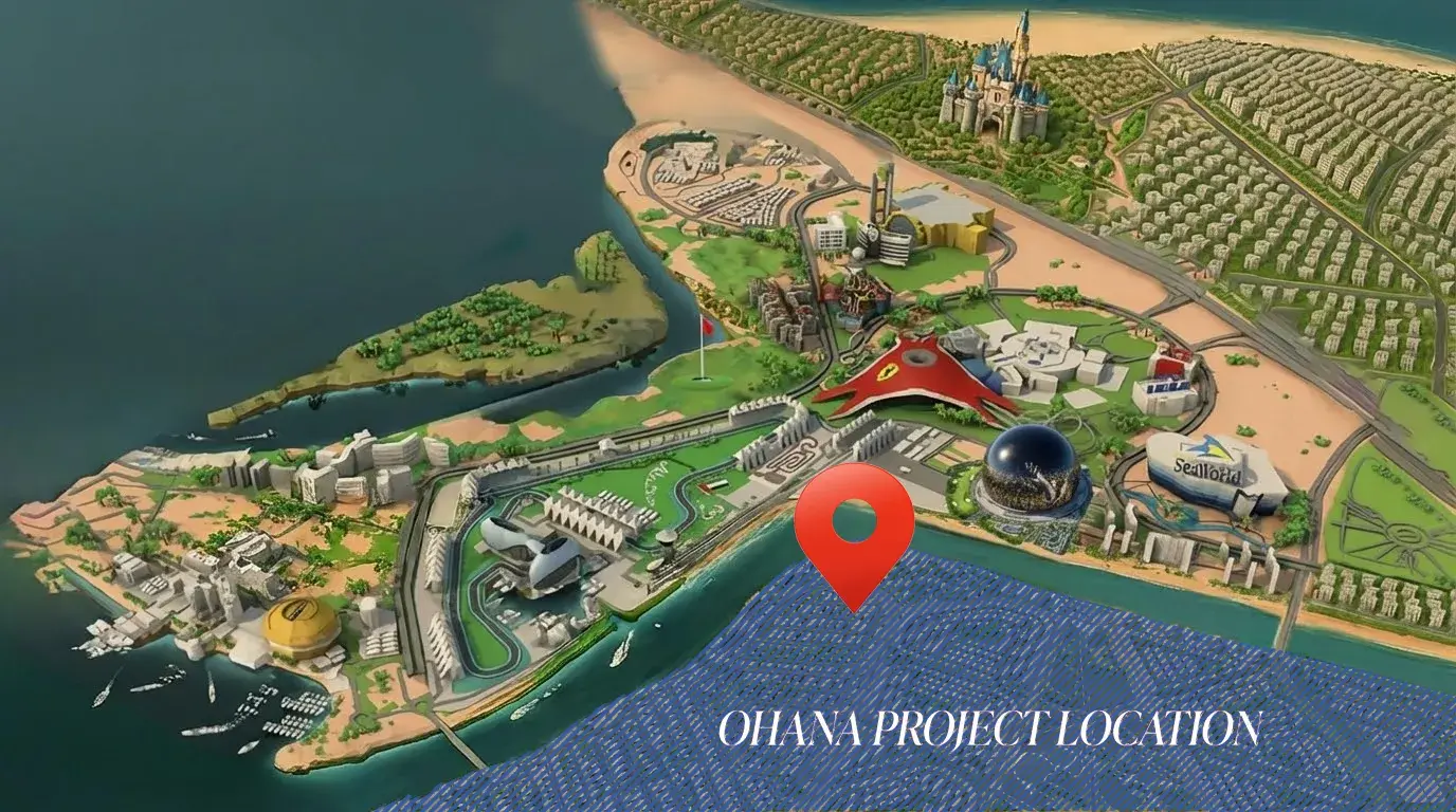 Ohana Project Location - Yas Island Abu Dhabi master plan showing proximity to Ferrari World, SeaWorld, Yas Mall and waterfront position on Yas Canal